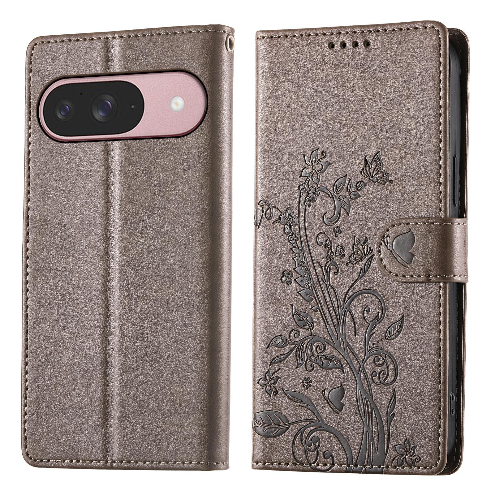 

For Google Pixel 9 Pro/Pixel 9 Wallet Case Butterfly Floral Imprint PU Leather Phone Cover with Wrist Strap Grey
