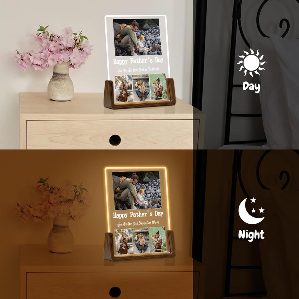 Custom Father's Day Gift for Dad, Photo Acrylic Plaque Personalized Night Light, Walnut Photo Frame with Night Light, Unique Romantic Birthday