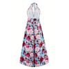 Women Summer Backless Halter Sexy Bohemian Style Flower Printed High Split Long Dress