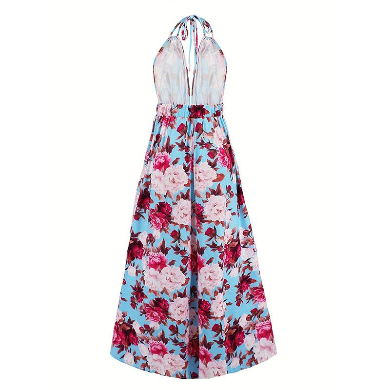 Women Summer Backless Halter Sexy Bohemian Style Flower Printed High Split Long Dress