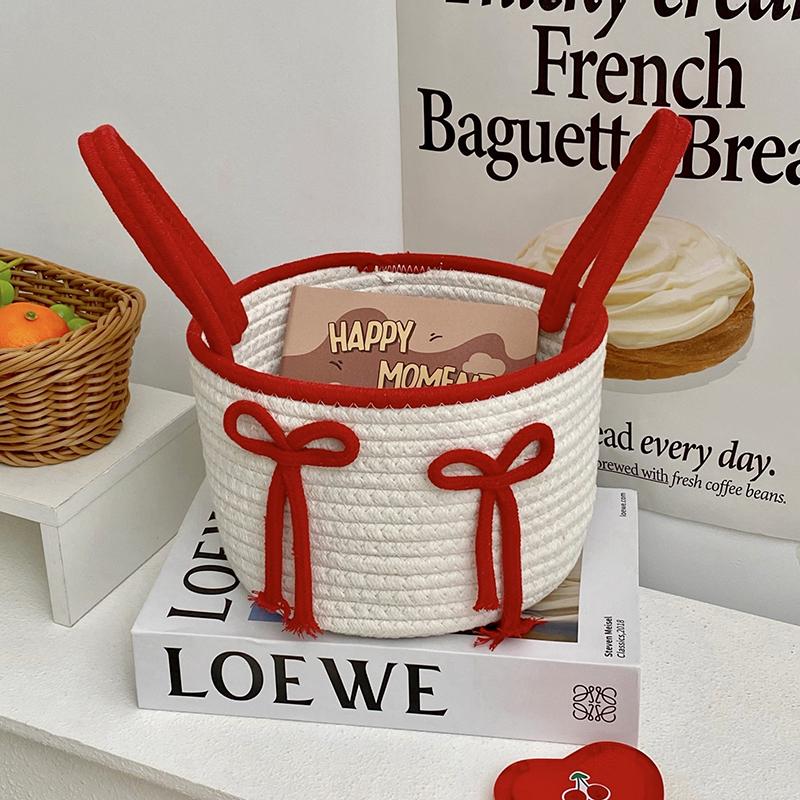 Cute Crochet Storage Basket With Lid - Woven Cotton Home Organizer Bin, Decorative Desktop Dustproof Box For Trinkets & Crafts