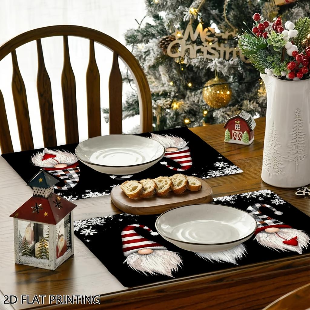 Christmas Placemats for Dining Table, Black Background Xmas Gnomes Home Kitchen Placemats, for Table Decoration, Banquet, Kitchen, Party, Hotel, Resta