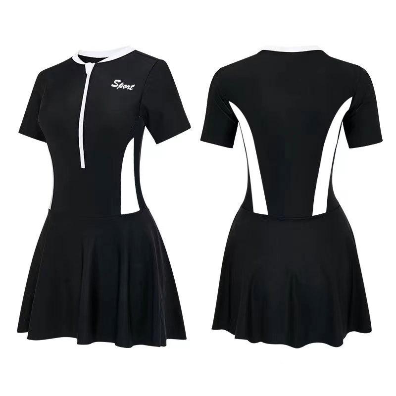 One-piece skirt swimsuit women conservative student 1011 new thin belly swimming hot spring diving sports swimsuit