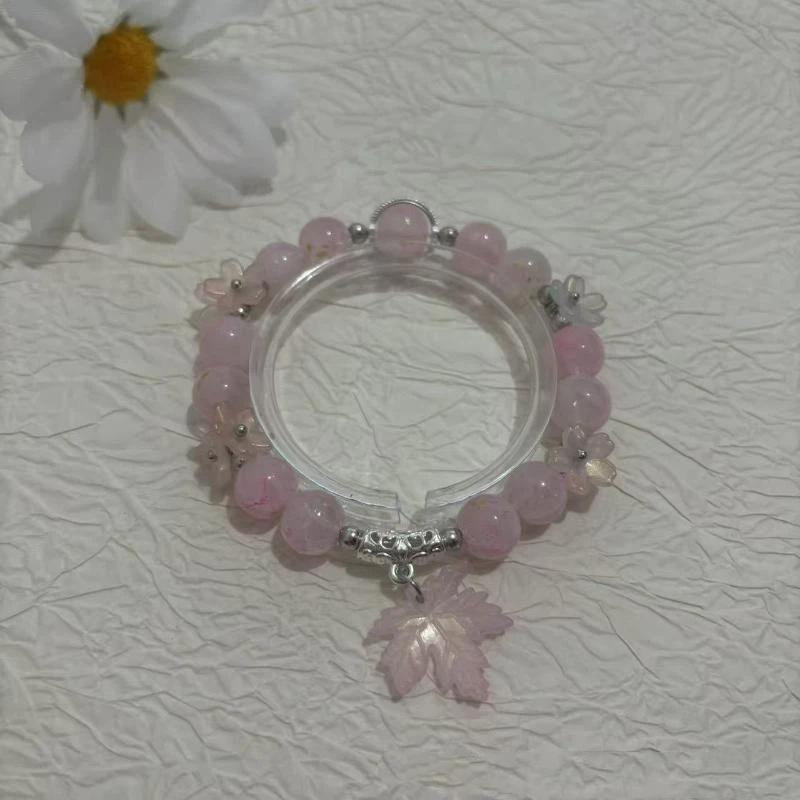 Crystal Beaded Bracelet Cute Leaf Pendant Lucky Blessing Hand Chain Fashion Accessory for Girls Daily Outfit