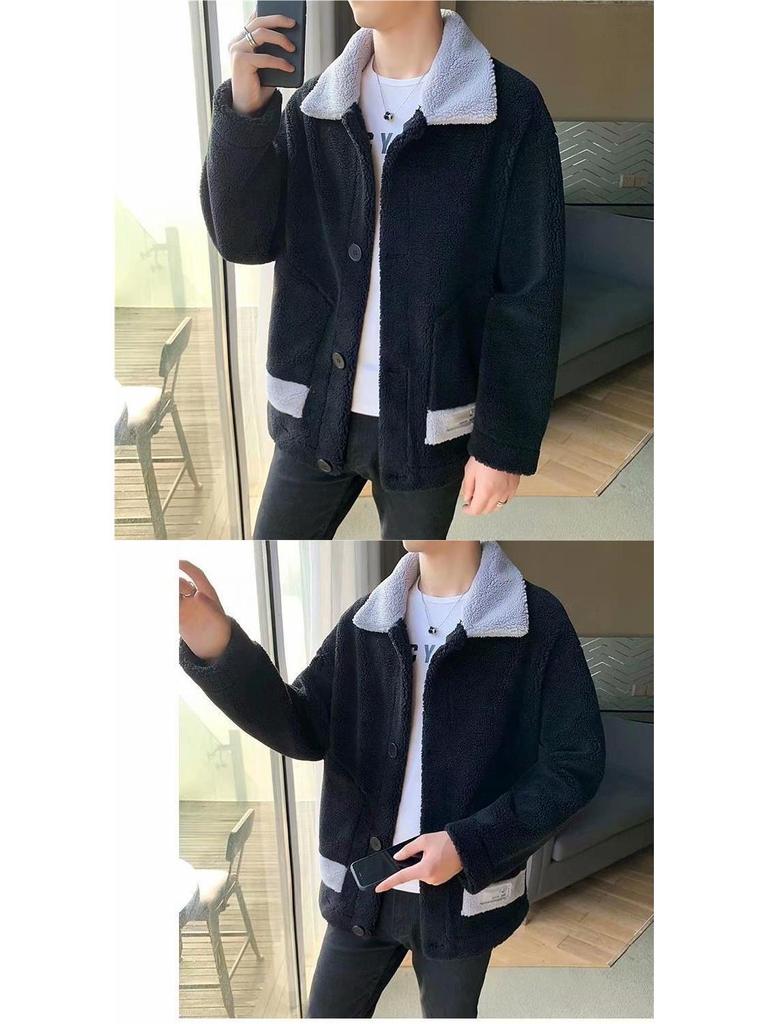 Men's Trendy Winter Wool Jacket with Lapel Collar, Thick Warm Polar Fleece, and Cotton Coat for Teens.