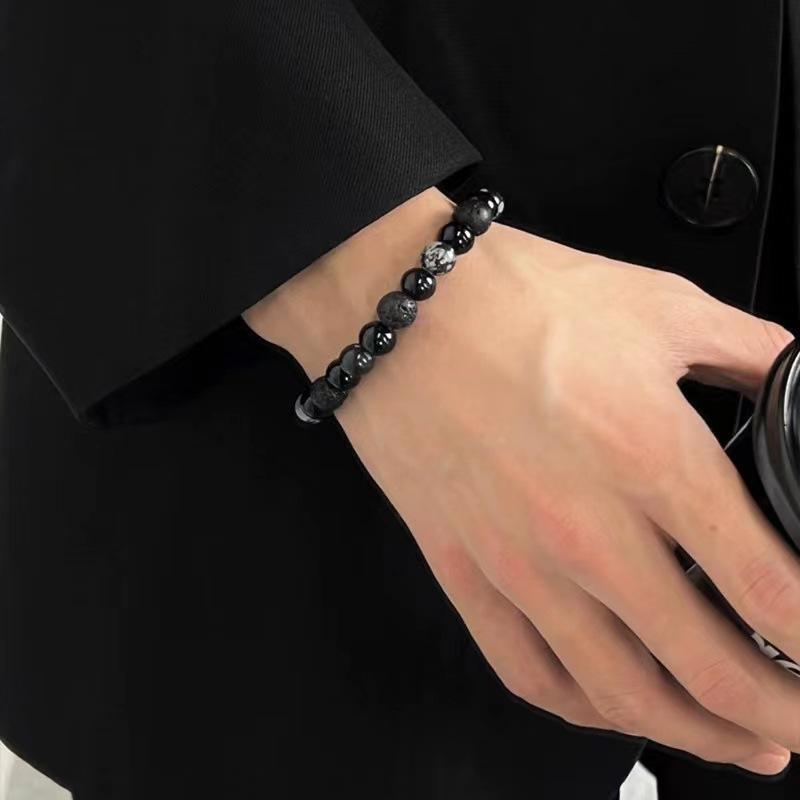 Retro Personality Dark Natural Obsidian Volcanic Stone Beaded Bracelets for Women Men Couple Trendy Charm Jewelry Accessory Gift