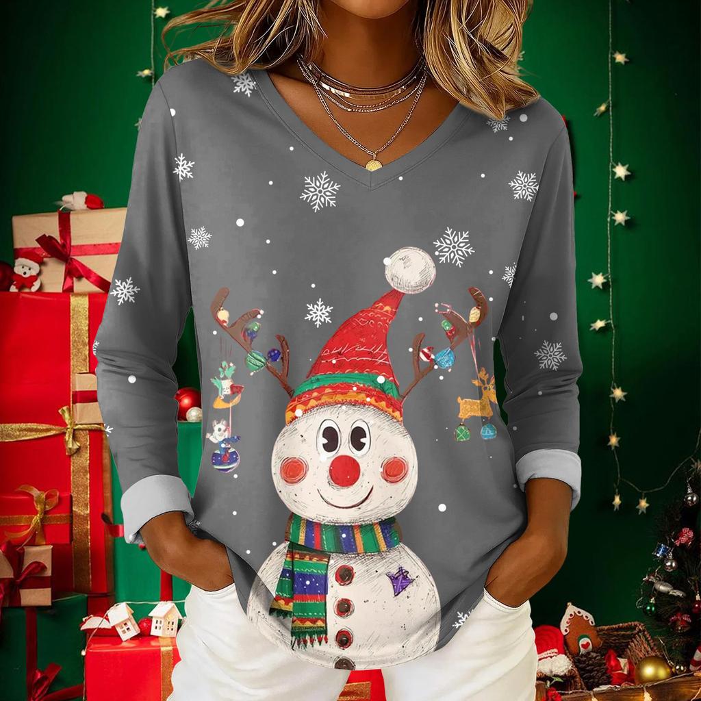 Women's Christmas Print Casual V-Neck Long Sleeve Top