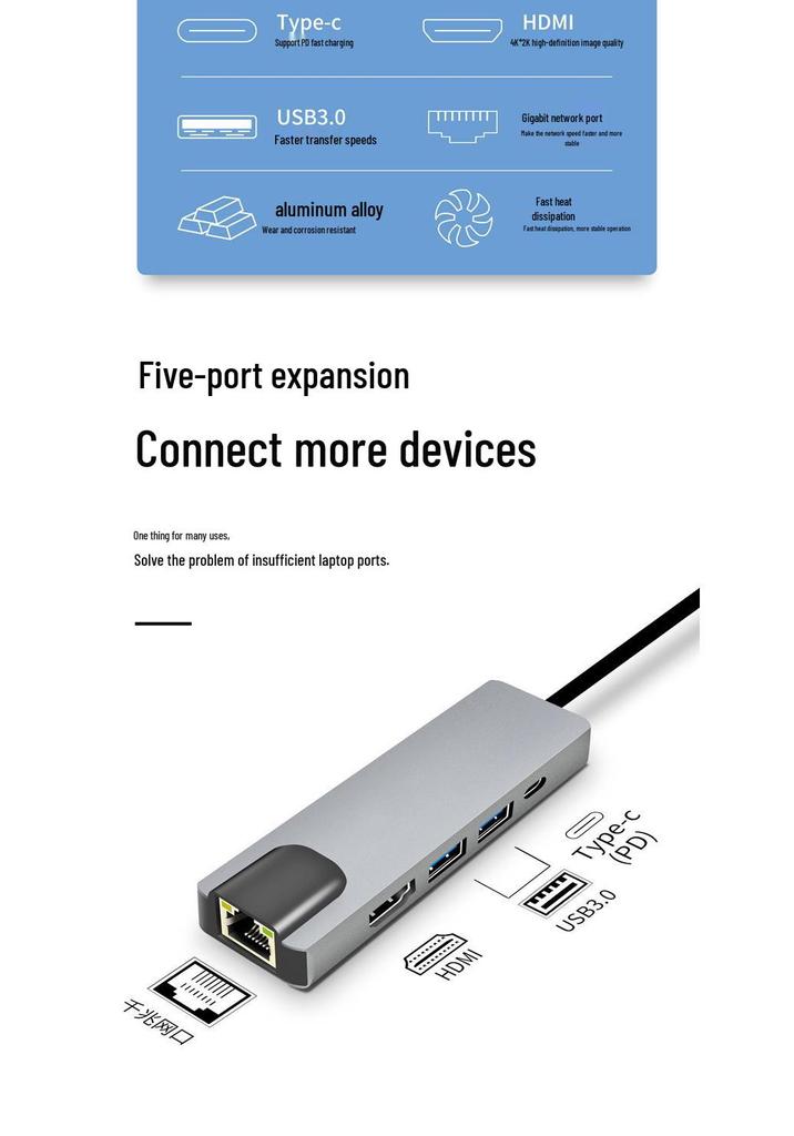 Type-C Multi-Port Hub: USB Splitter with HDMI, Ethernet, and Eight-in-One Docking Station.