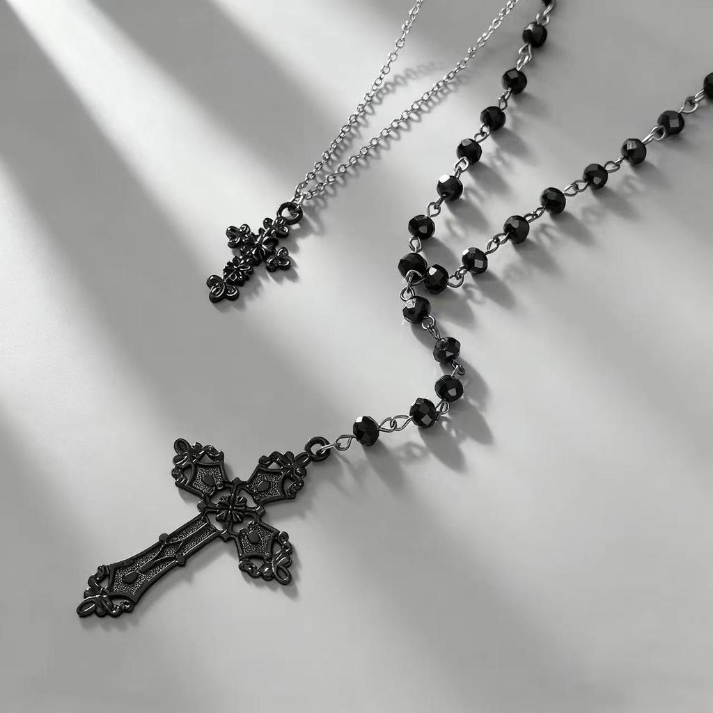 Gothic Dark Layered Cross Pendant Necklace for Women - Exaggerated Niche Design