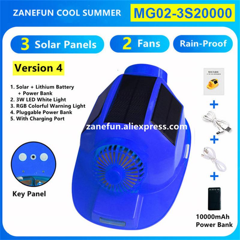 Helmet With 3 Solar Panels 2 Fans LED Light RGB Warning Rechargeable Lithium Battery Power Bank Outdoor Work Solar Fan ABS Cap