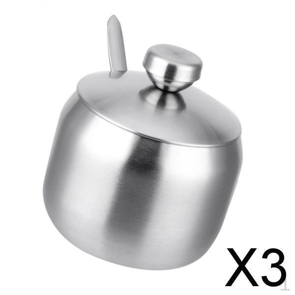 

3x Набор емкостей для приправ из нержавеющей стали с крышками, сервировочными ложками, диаметр 8,5 см