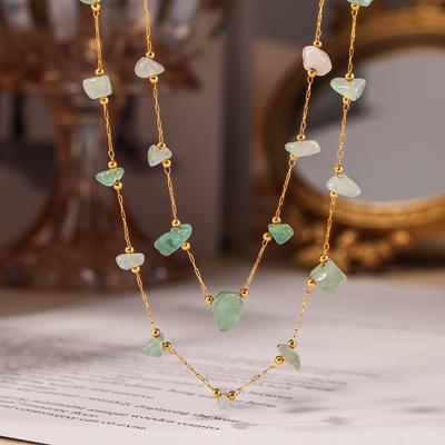 Light Luxury Natural Green Gravel Stainless Steel Collarbone Necklace Bracelet Niche Sweet Handmade Chain Jewelry Set