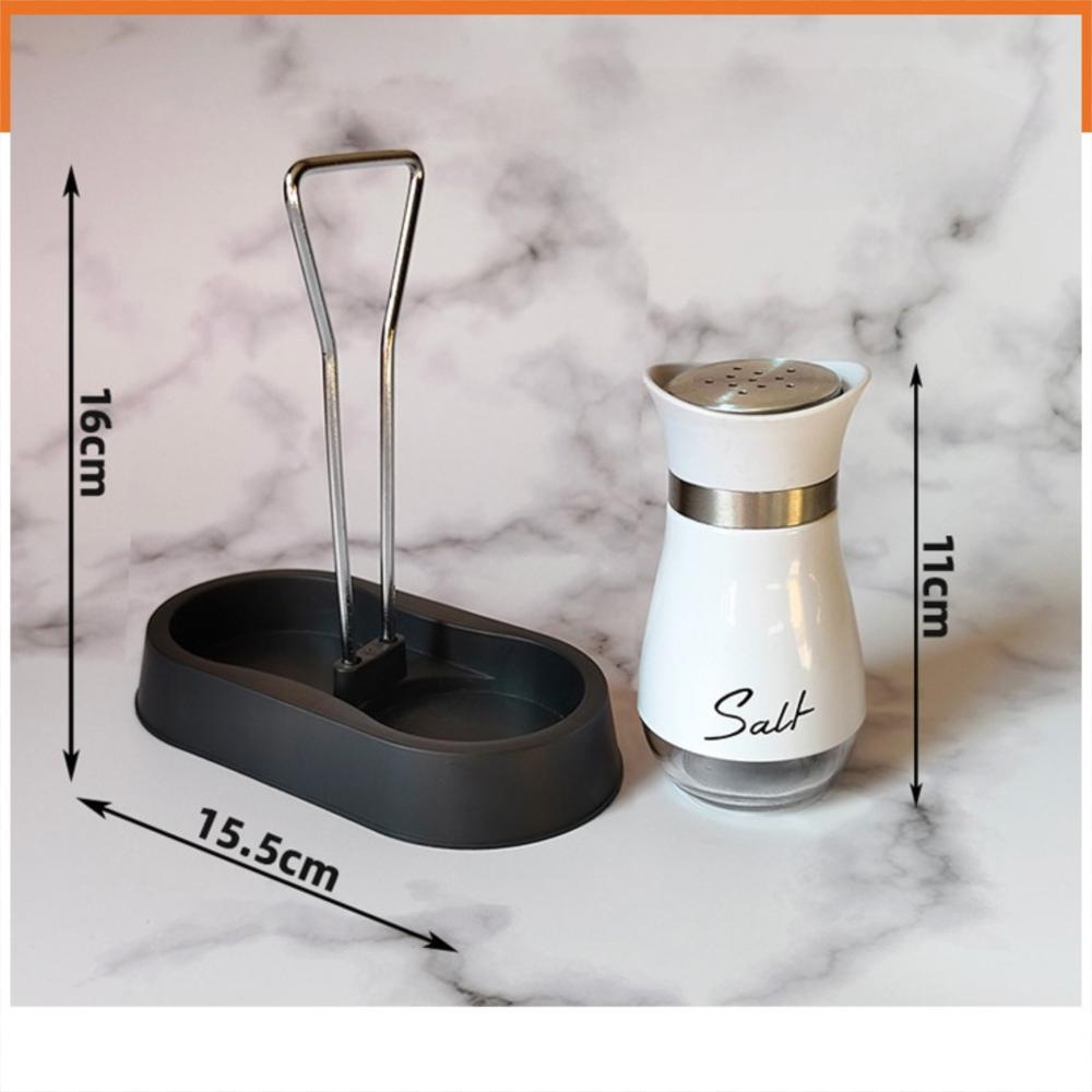 2Pcs/Set Salt & Pepper Kitchen Glass Spice Bottle Refillable with Rack Seasoning Shaker Set Black with Pour Holes