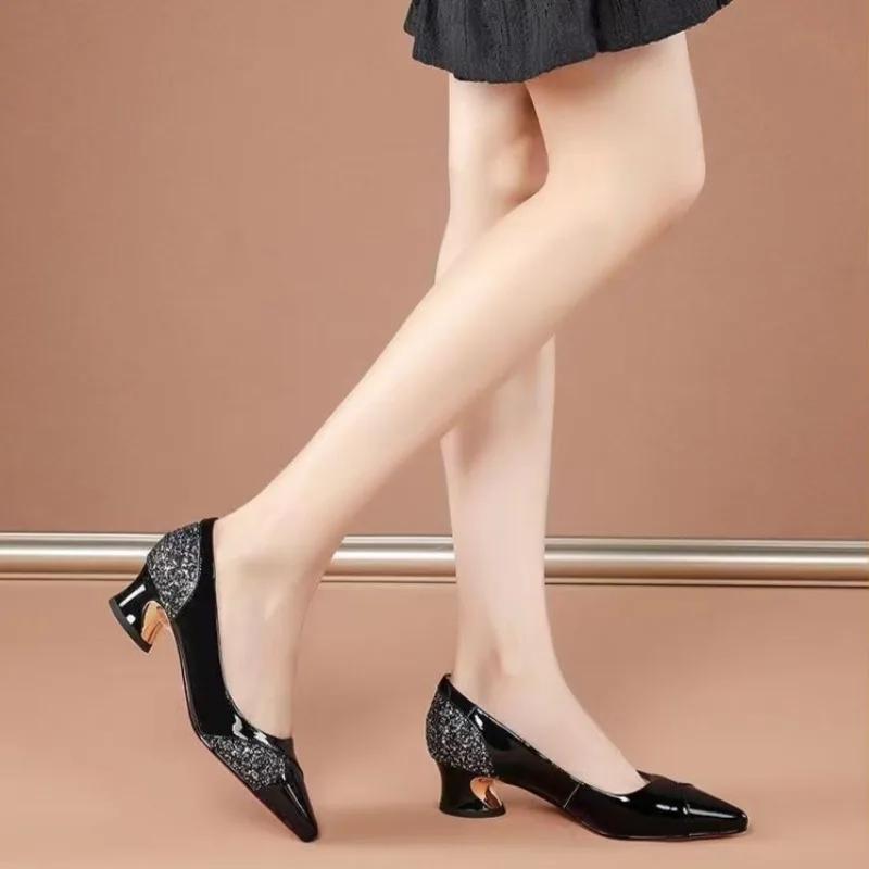 Fashion Ladies Pumps Chunky Heels Office Women's Shoes Block Heel Pointed Toe with Medium 39 Genuine Mark Wholesale Luxury Brand Popular