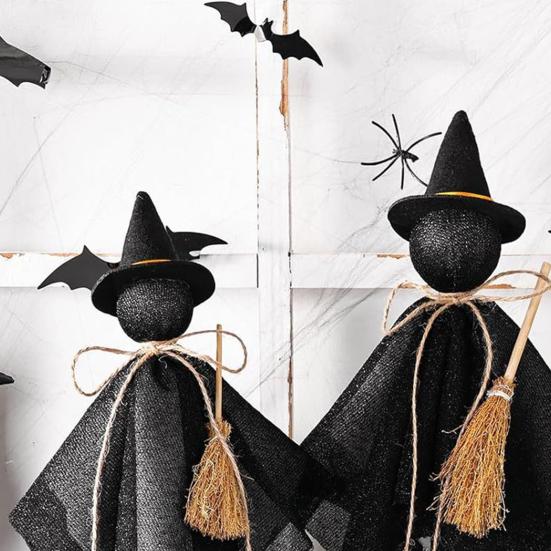 3Pcs/Set Black Witch Decorations Standing Witch with Hat Broomstick Desk Decor Rustic Halloween Centerpieces for Home Farmhouse Mantel Dining Table