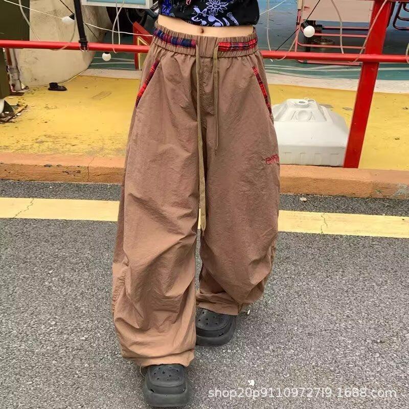Loose bf lazy wind paratrooper pants men's and women's quick-drying wide-leg tooling pants contrasting color embroidery scimitar trousers