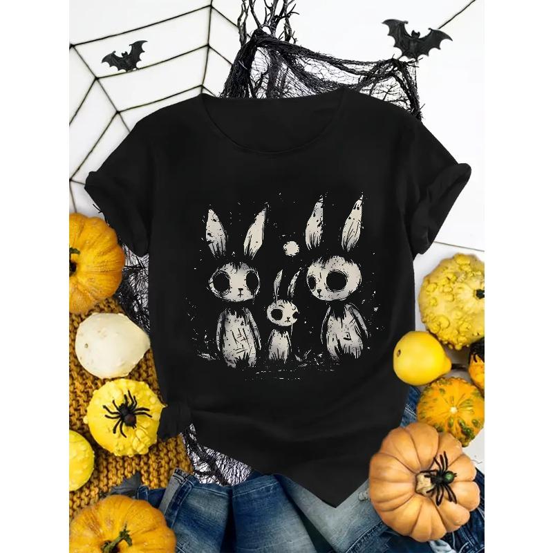 

Европейский размер Женская футболка с мультяшным принтом семьи кроликов Многоцветная Эластичная ткань Короткий рукав Повседневная одежда Топ M чёрный