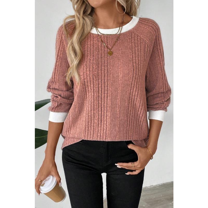 Pullovers & Long Sleeves Autumn Winter Long Sleeved Solid Color Ribbed Pit Strip Top
