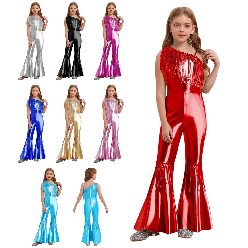 Kids Sparkly Jumpsuit Off-shoulder Sleeveless Sequin Tassels Flared for Pageant Show