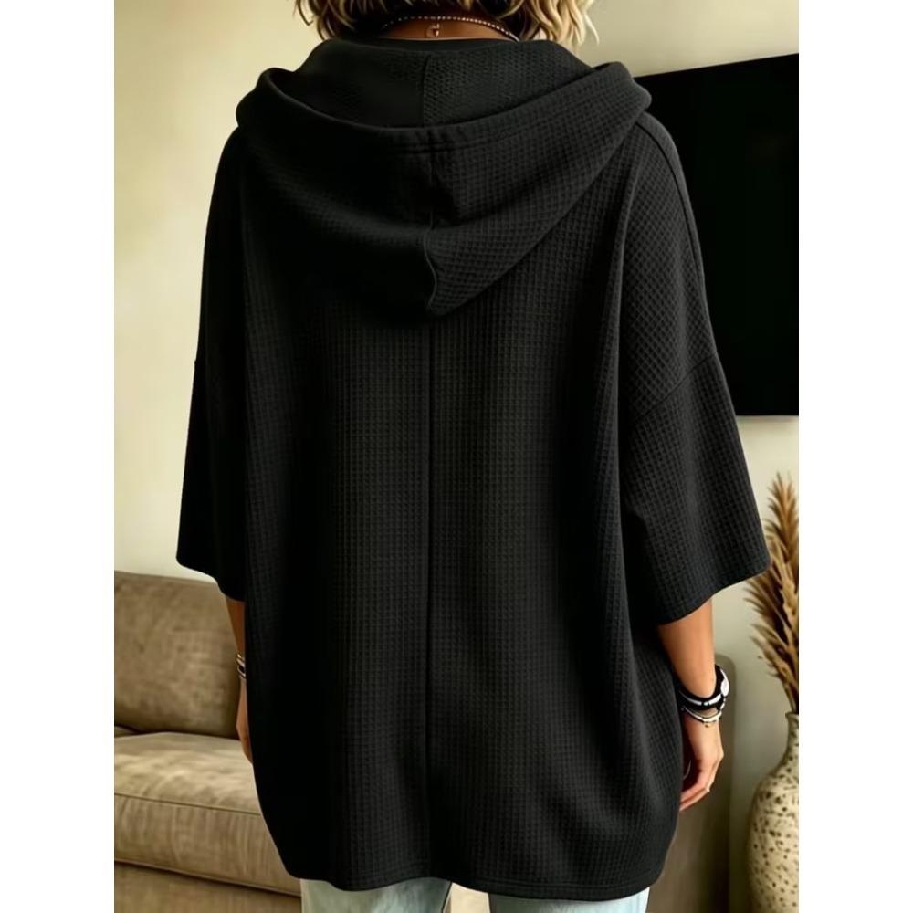 Damen Neuer Waffelstrick Kapuzenpullover mit Kordelzug, Lockere Gestrickte Kapuzen-Oberbekleidung