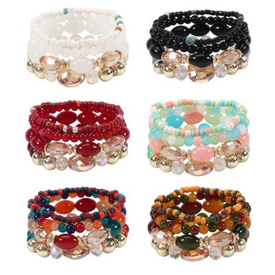 Bohemian Beaded Bracelet Set: Imitation Agate, Crystal, Rhinestone Elastic Bangles (Set of 4)
