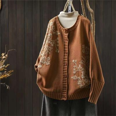 Women Vintage Knitted Sweaters Print Floral Button Autumn O-Neck Long Sleeve Female Casual Sweaters