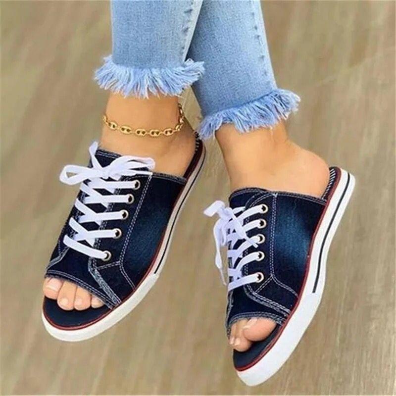 Spring and summer fish mouth denim lace-up casual flat bottom women's cool slippers large size lace-up slippers women