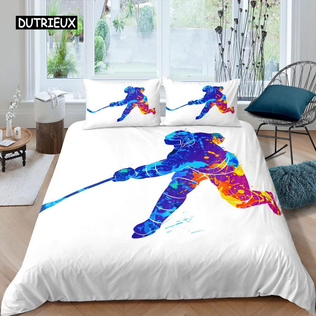 Ice Hockey Duvet Cover Set Boys Puck King Size Sports Games Theme Bedding Set for Kids Youth Adult Men Winter Match Quilt Cover