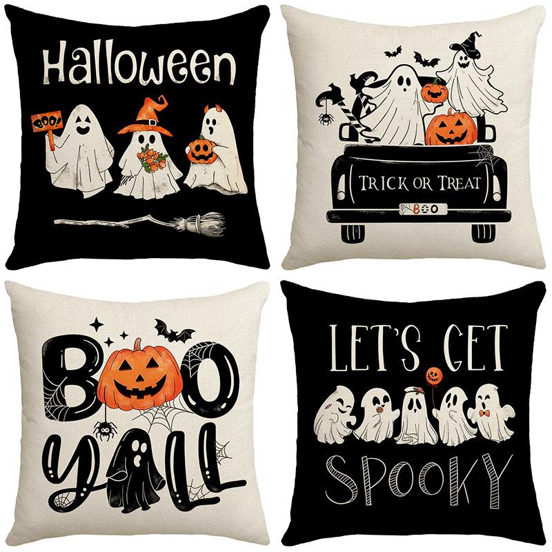 New Halloween Pillow Cover with Cute Pumpkin Ghost Element Letters Digital Print Decorative Pillow Cover