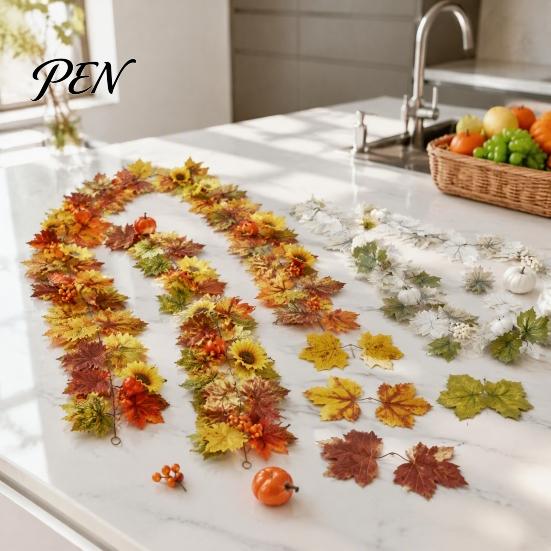 Realistic Orange Red Maple Leaves Artificial Fall Leaf Wreath, Autumn Vine with Pine Cones Pumpkins, Reusable Holiday Gifts for Family Hanging