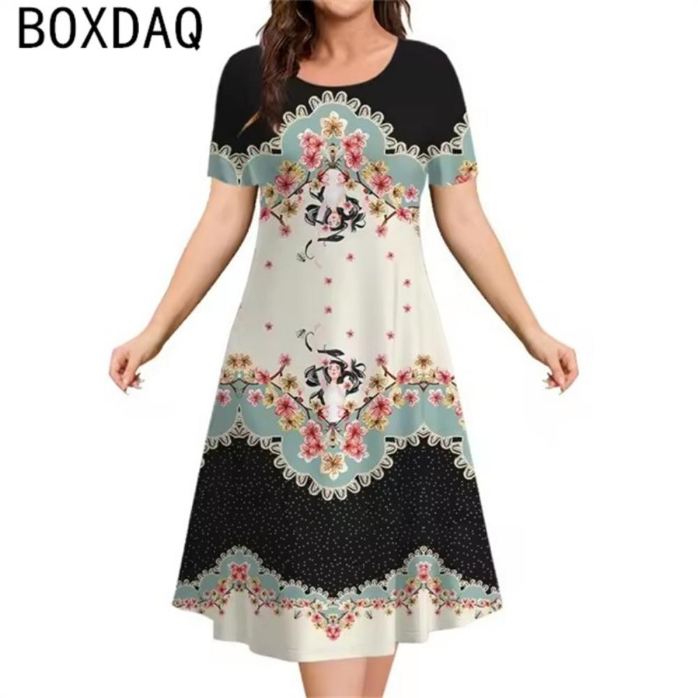 Rochie nouă pentru femei cu imprimeu etnic vintage 3D, rochie de vară cu mânecă scurtă, gât rotund, casual, rochie A-line, rochii supradimensionate pentru doamne