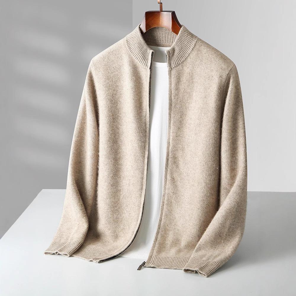 Autumn And Winter Pure Wool Knitted Double-Strand Thickened Stand-Up Collar Cashmere Cardigan Men'S Versatile Long-Sleeved Cashmere Jacket