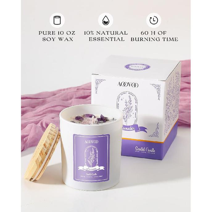 AOOVOO Lavender Scented Candles for Women - Aromatherapy Candle with Crystals Inside, 10oz Soy Candles for Home Scented, Birthday Gifts Christmas