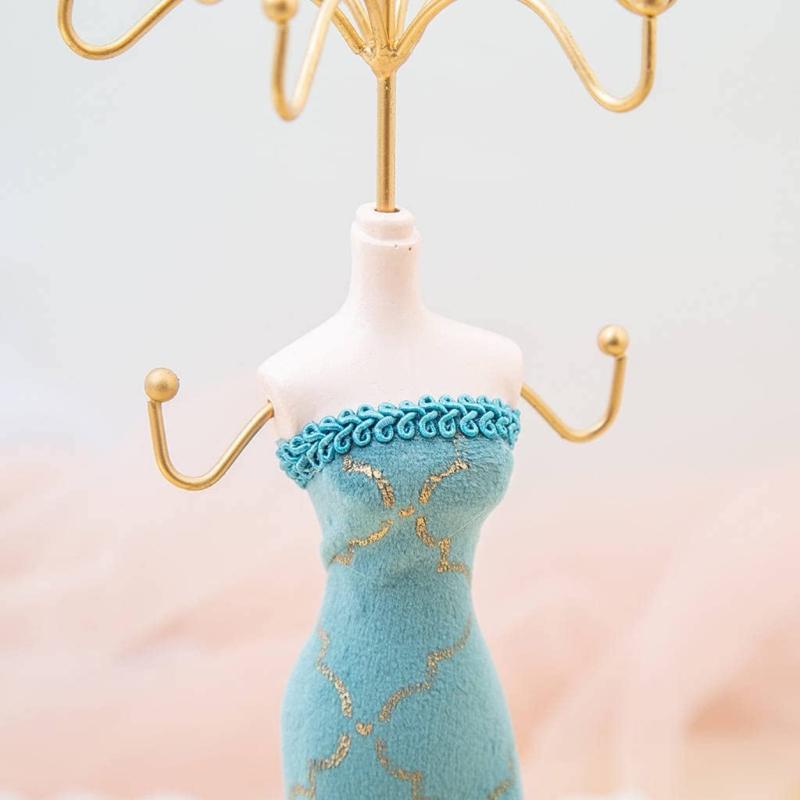 Elegant Jewelry Stand For Women Blue Mannequin Princess Dress Necklace Earring Stand Holder With Gold Accent
