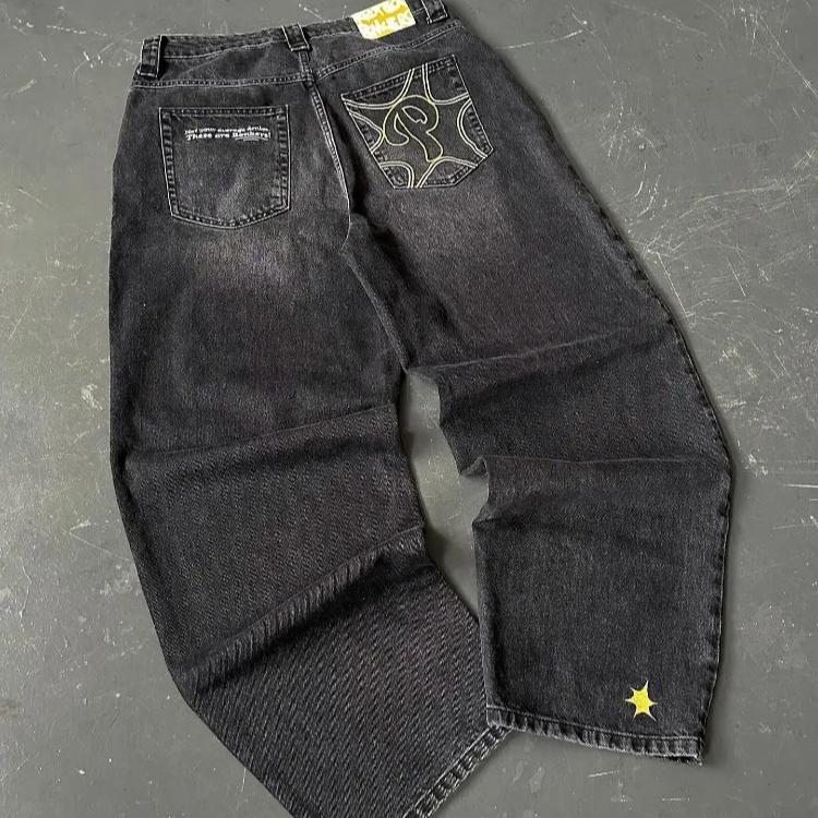 

Вуличні джинси Y2K Чоловічі штани Harajuku Hip Hop Letter Embroidery Vintage Blue Baggy Jeans High Waist Wide Leg Trouser L