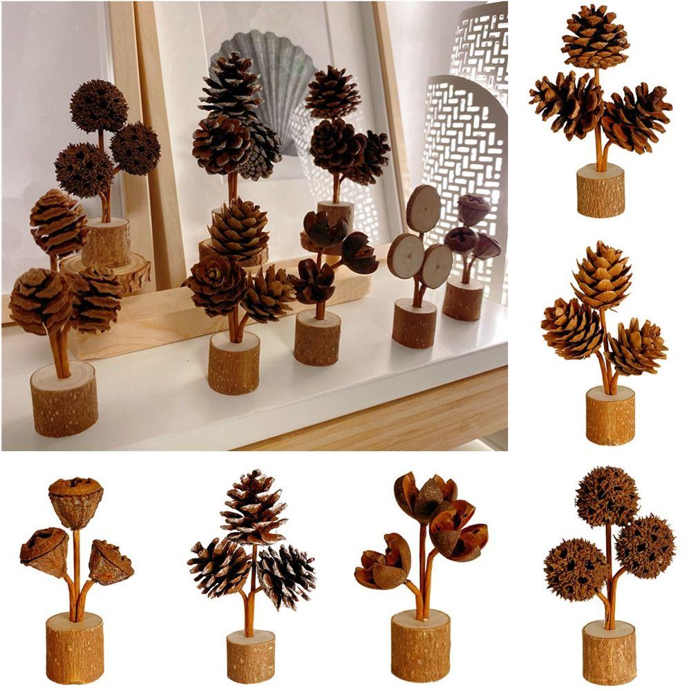 Handcrafted Tabletop Pine Cone Ornament Wood Base Forest-themed Decoration  Festive