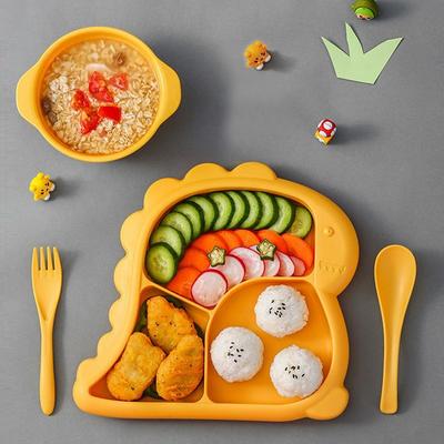 Cute Baby Dinosaur Toddler Tableware Set, Yellow, Plate + Spoon + Fork + Soup Bowl, Popular Korean Parenting Items
