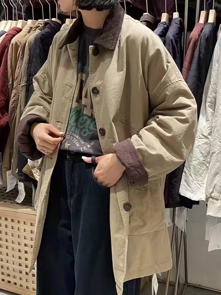

British Casual Color Block Turn-Down Collar Pocket Cotton Coat for Autumn/Winter 2024 - Mid-Length, Thickened Outerwear L