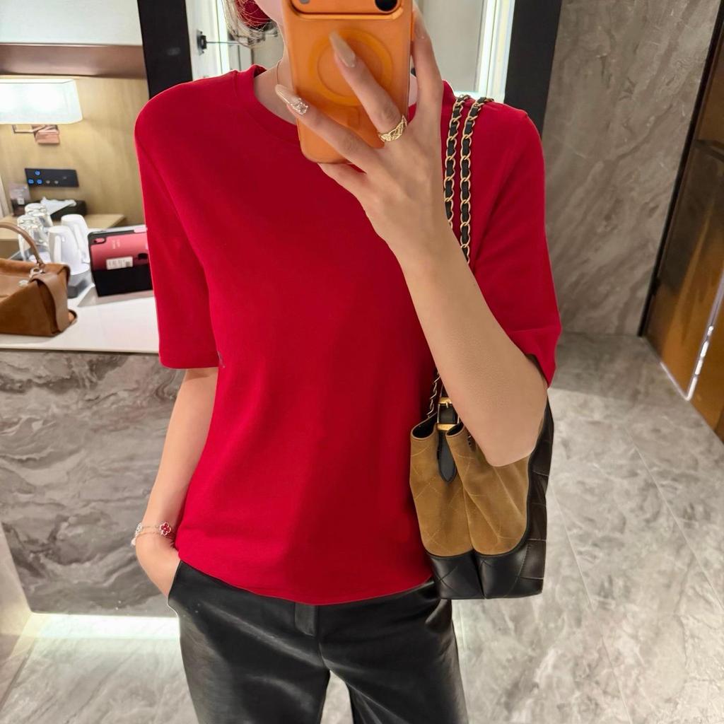 Spring 2026 Women's Round Neck Embroidered Solid T-shirt - Comfortable Base Layer Top