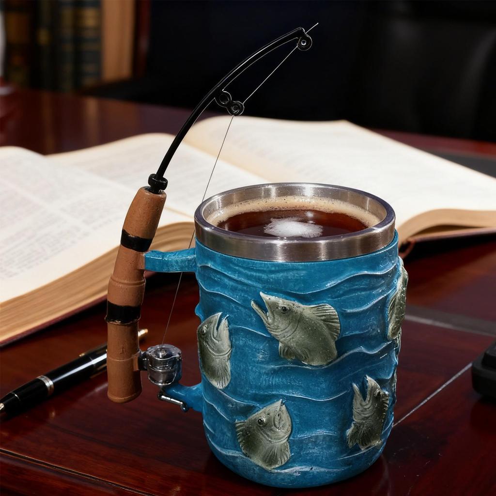 Resin Coffee Mug Cold Hot Beverage Cup Creative Funny Fishing Rod Shaped Handle Cup For Chocolate Tea Wine Beer Home Camping