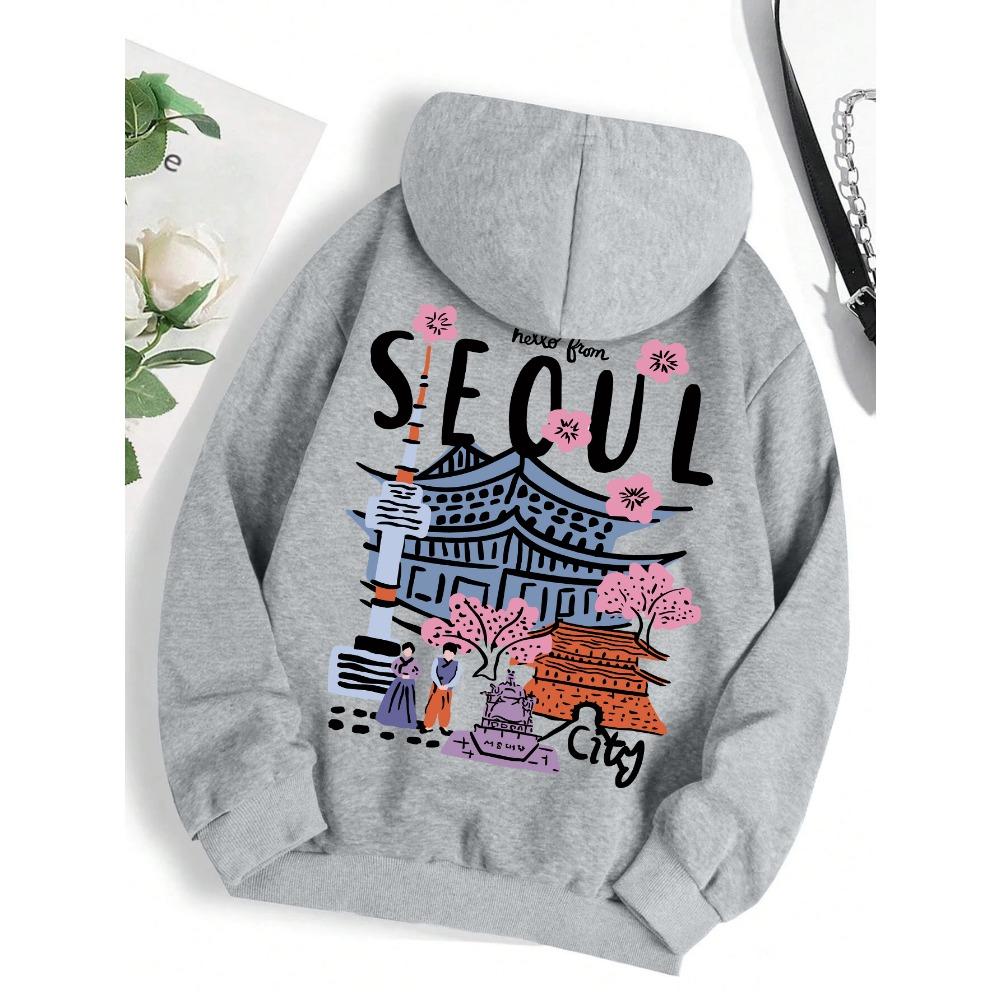 Seoul Beautiful Scenery Printing Womens Hooded Warm Fleece Comfortable Hoodies Simple Soft Hoodie Street Casual Loose