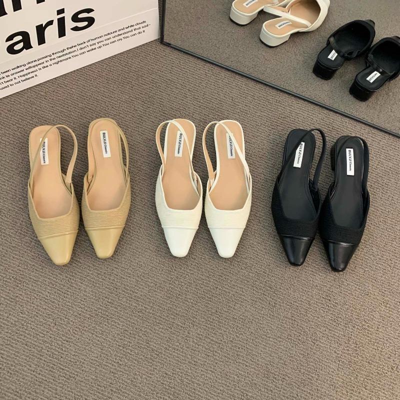 Niedrige Absätze Baotou Sandalen Damen Französische Nude-Farbe Spitz Kleine Duftender Stil Slingback Dicke Absätze Rücken Luft Stil Einzelne Schuhe