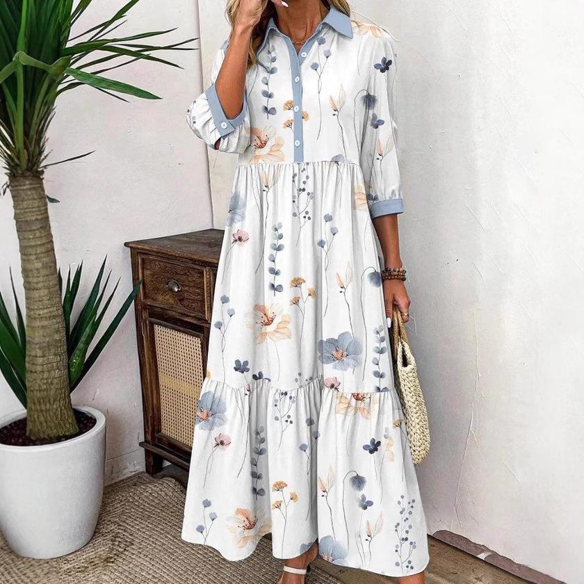 2026 European and American women s clothing European and American new dresses casual printed shirts long skirts spring and summer S