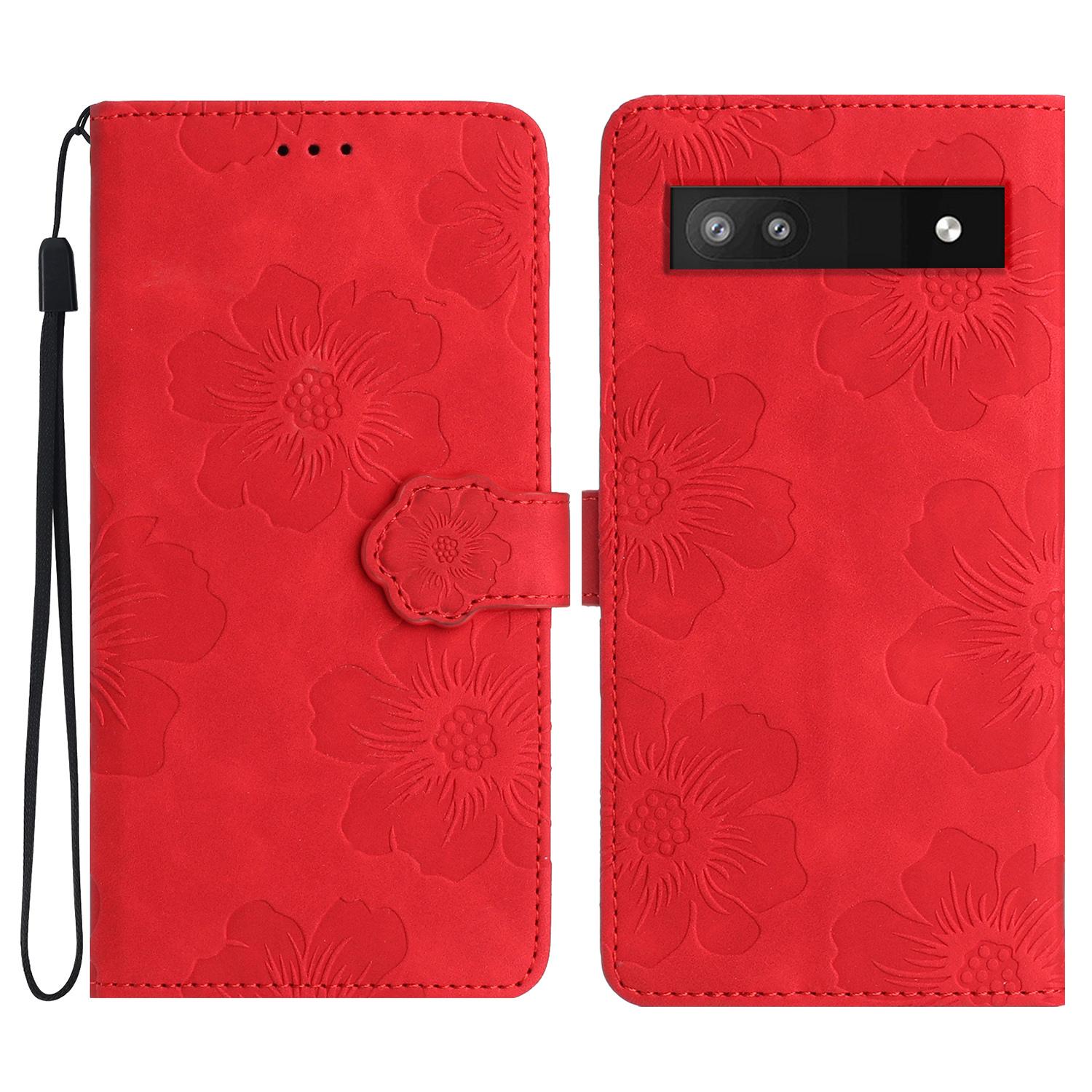 

Phone Shell for Google Pixel 8a Cell Phone Case Leather Wallet Imprinted Flower Stand Cover Red