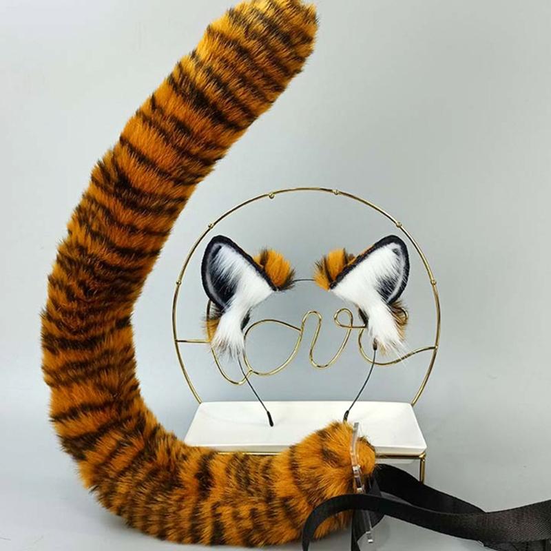 Women Cosplay Headband Belt Fur Animal Tail Furry Tiger Cosplay Party Props Halloween Costume for Carnival Presents