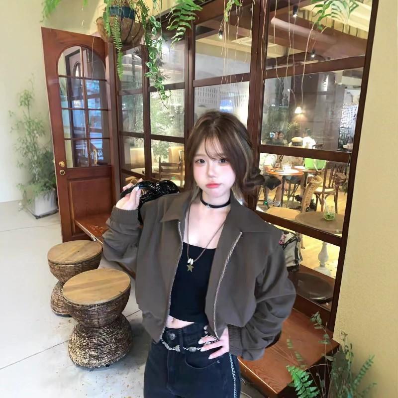 Womens Short Jacket Fall Korean Style Slim Fit Solid Color Casual Outerwear Petite Women
