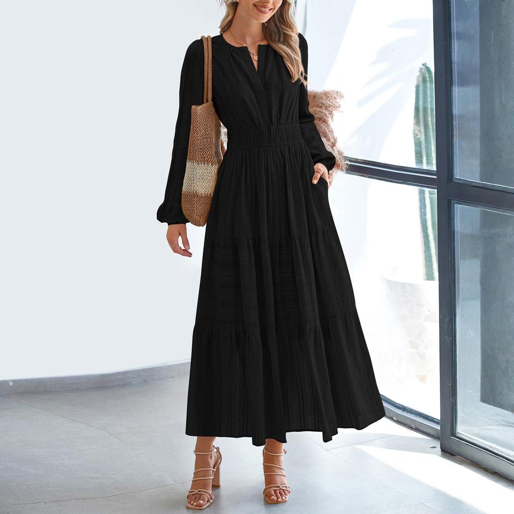 Women's Fashion V-neck Pleated, Waist-cinching, Wide-swing Long-sleeved Dress
