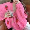 Cute gentle pink sweater cardigan women's spring and autumn sweet wind strawberry loose knitted jacket V-neck short top