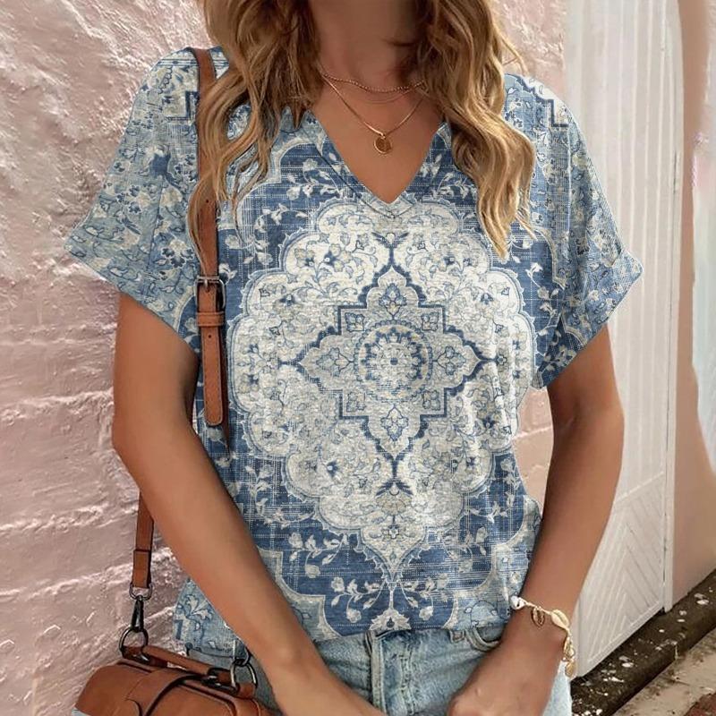 Casual Bohemian Print Women's Short Sleeve V-Neck Top T-Shirt