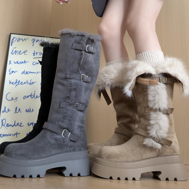 Design sense flanged two wear fluffy boots autumn and winter new plush warm heightening retro but knee cotton boots